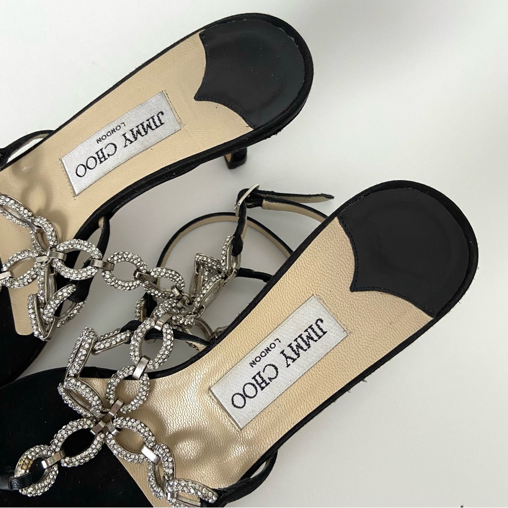 Jimmy Choo Crystal Embellished Thong Ankle Strap Heeled Sandals - Picture 9 of 15